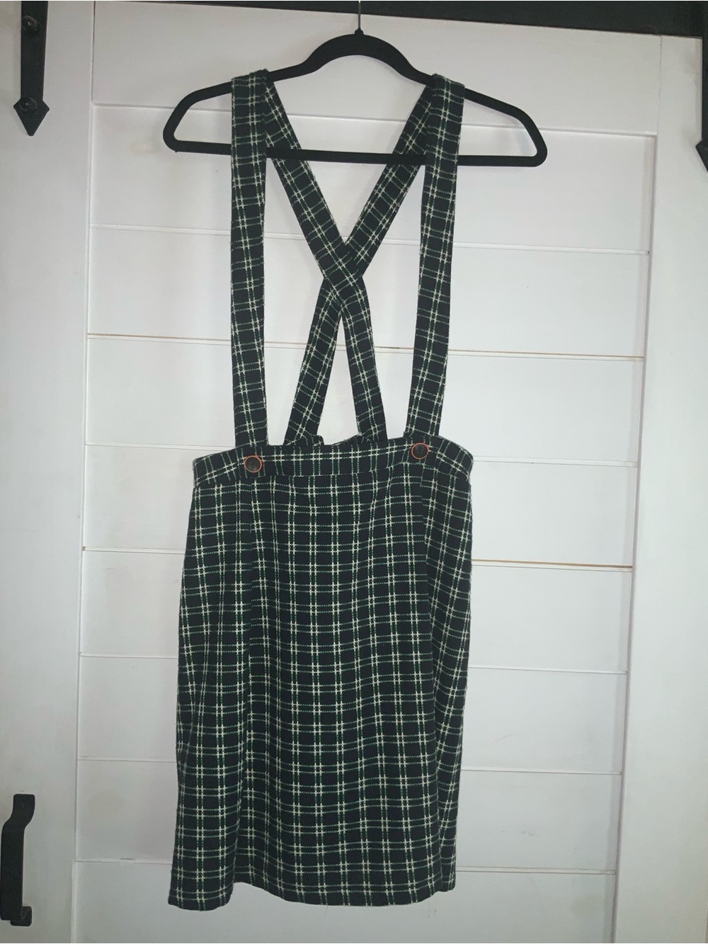 Anthropologie Maeve Plaid Suspenders Skirt w/ Cross-Back Straps - Navy & Green
